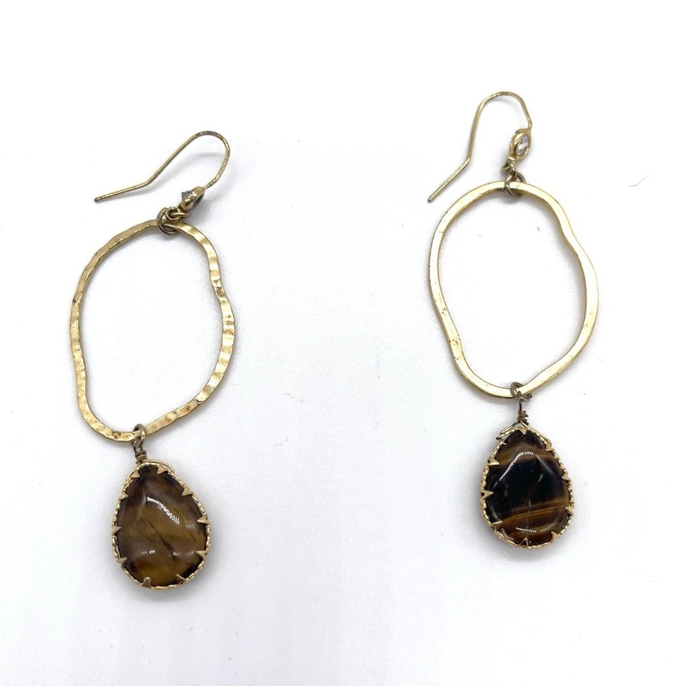 Tigerโs Eyes Dangle Earrings in Gold Tone and Rhinestone accent
